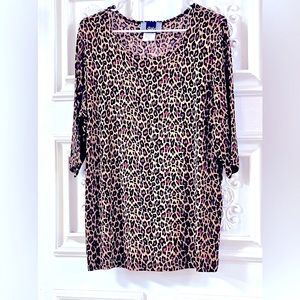 Stylish Leopard Print Business Casual Stretchy “Slinky Brand” M Ladies Blouse